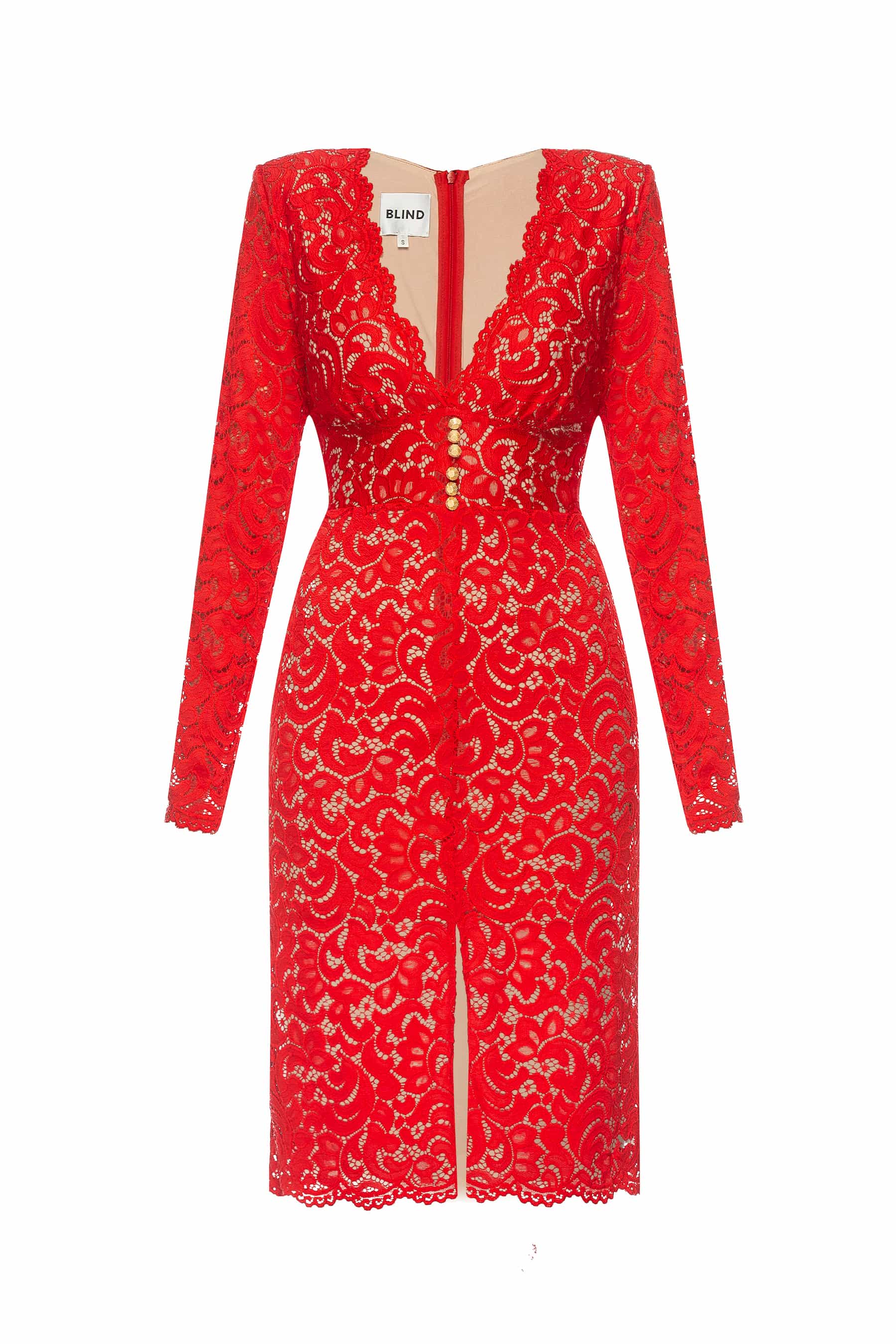 Red sheath dress with lace and gold buttons